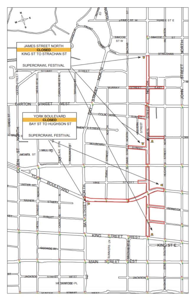 Map of downtown streets indicating extent of road closures for Supercrawl